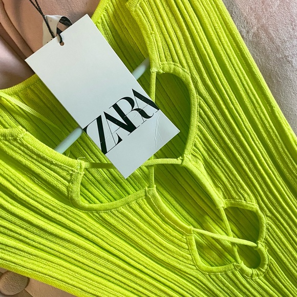 NWT ZARA Cut Out Knit Dress Midi Green Lime - Picture 8 of 11
